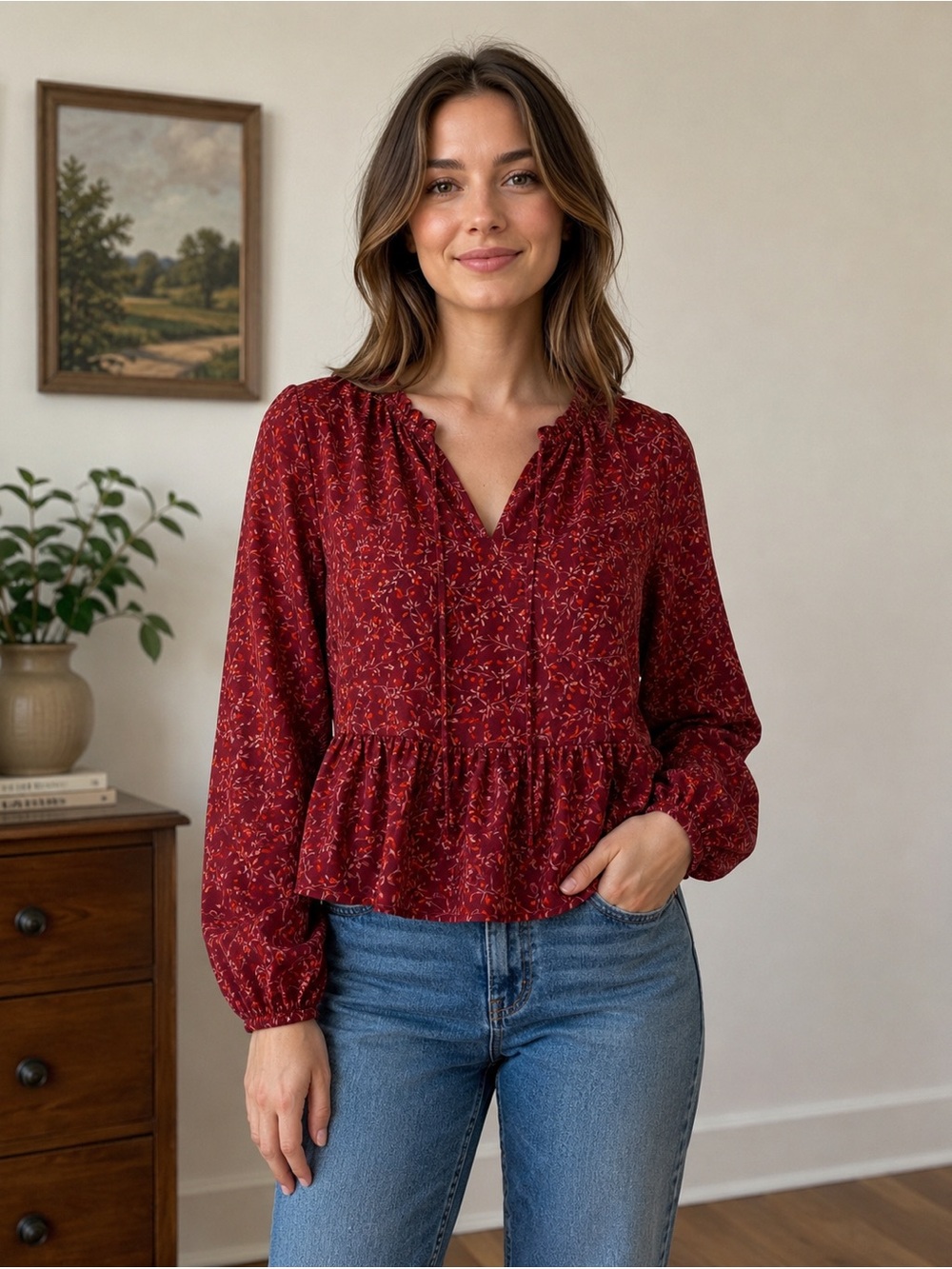 Old Navy Burgundy Floral Peplum Blouse Women’s Small Long Sleeve